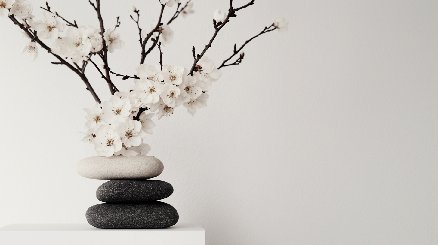 Minimalist arrangement of delicate white blossoms on thin branches, balanced on smooth black and gray stones, set against a clean, light background.